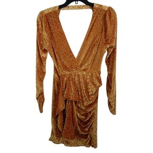 Risk Twenty-Two golden yellow leopard print ruffle dress open back size Large